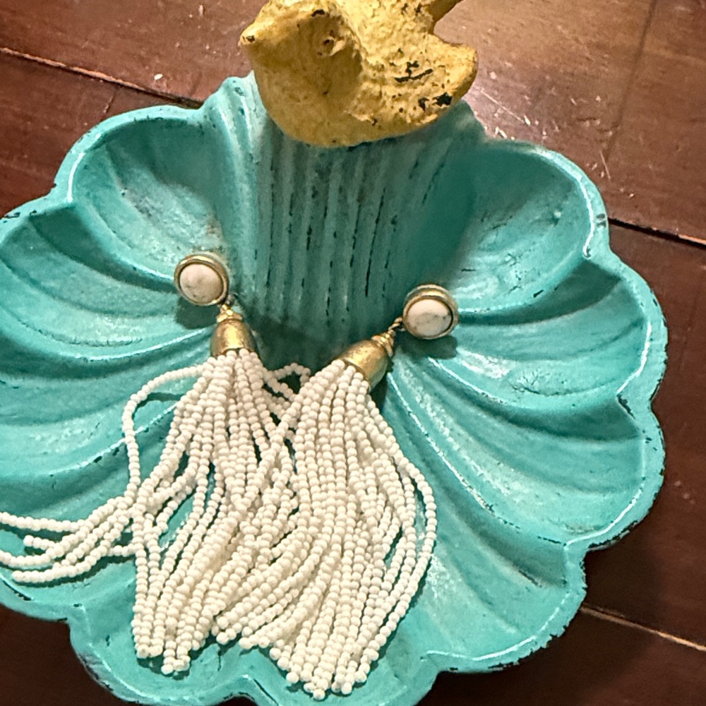 White Beaded Tassel Earrings